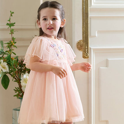 Girls Summer Flowers Embroidery Flutter Sleeve Pink Mesh Dress