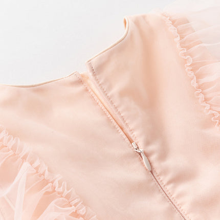 Girls Summer Flowers Embroidery Flutter Sleeve Pink Mesh Dress