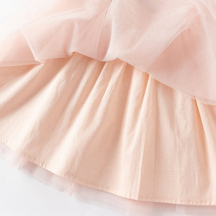 Girls Summer Flowers Embroidery Flutter Sleeve Pink Mesh Dress