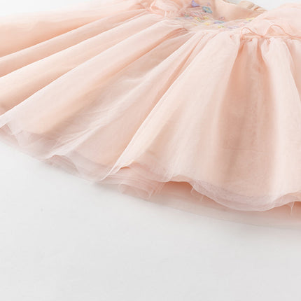 Girls Summer Flowers Embroidery Flutter Sleeve Pink Mesh Dress