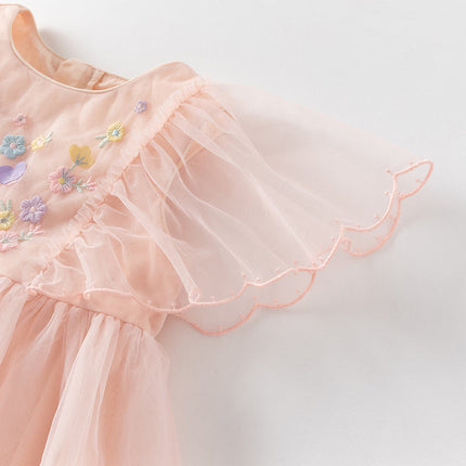 Girls Summer Flowers Embroidery Flutter Sleeve Pink Mesh Dress