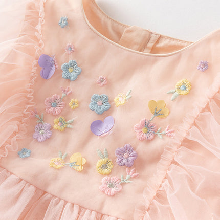 Girls Summer Flowers Embroidery Flutter Sleeve Pink Mesh Dress