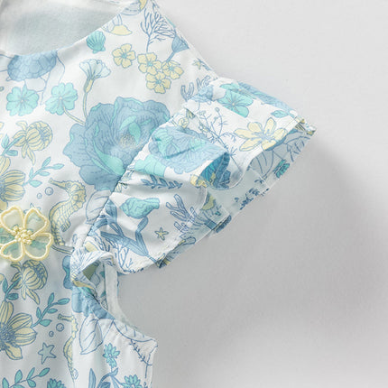 Girls Summer Cotton Blue Floral Print Sweet Dress