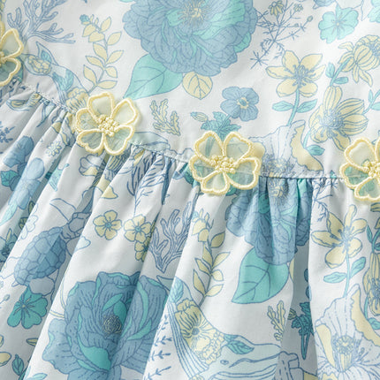 Girls Summer Cotton Blue Floral Print Sweet Dress