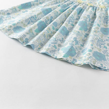 Girls Summer Cotton Blue Floral Print Sweet Dress