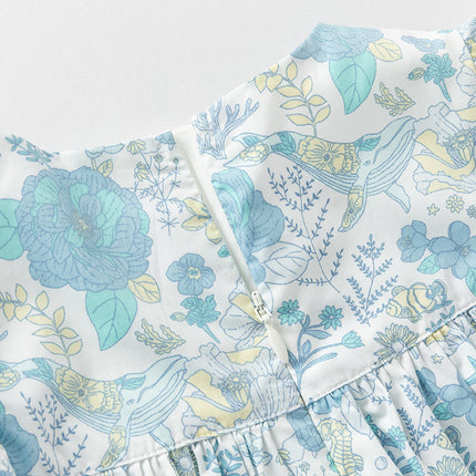 Girls Summer Cotton Blue Floral Print Sweet Dress