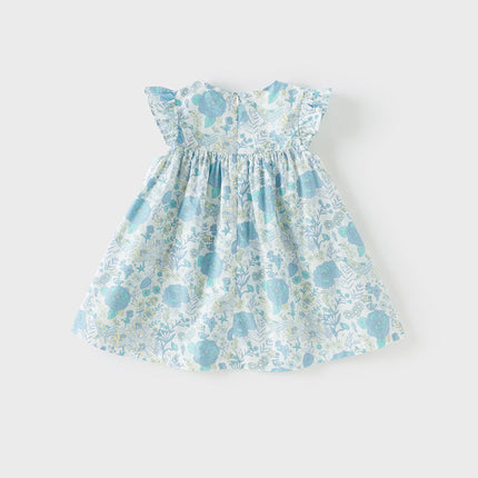 Girls Summer Cotton Blue Floral Print Sweet Dress