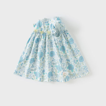 Girls Summer Cotton Blue Floral Print Sweet Dress
