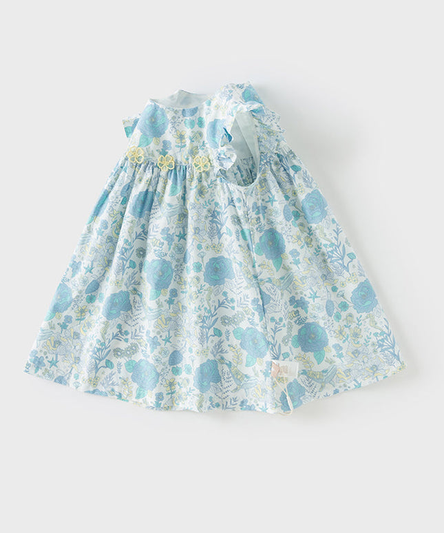 Girls Summer Cotton Blue Floral Print Sweet Dress