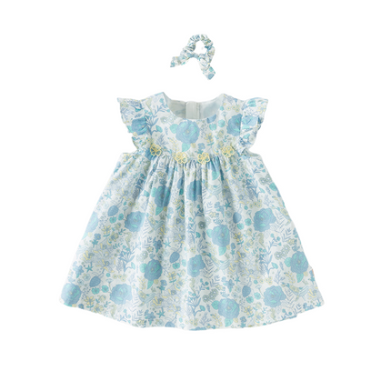 Girls Summer Cotton Blue Floral Print Sweet Dress