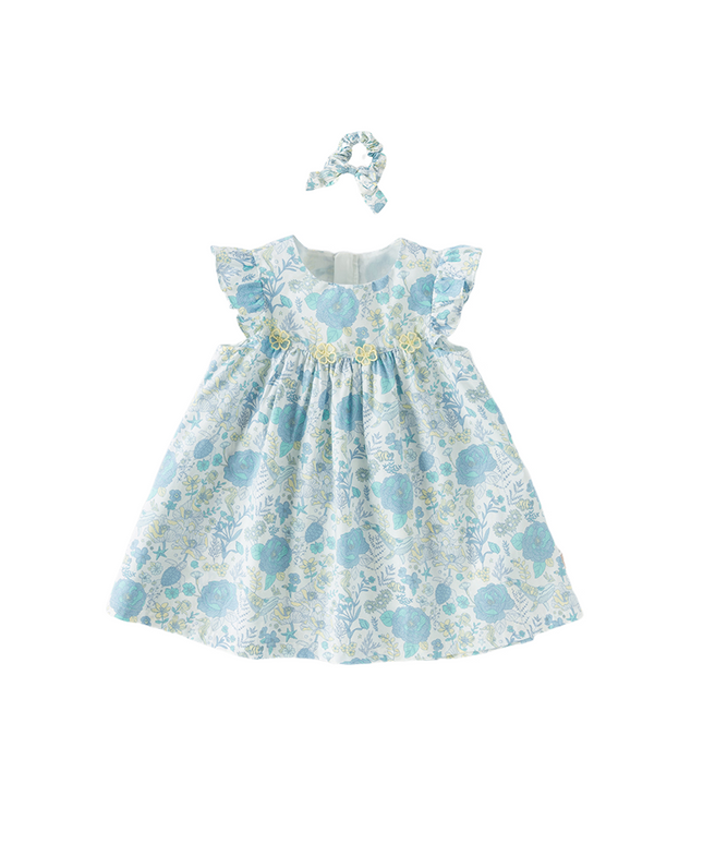 Girls Summer Cotton Blue Floral Print Sweet Dress