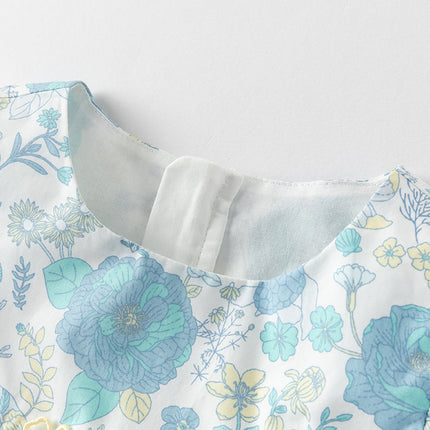 Girls Summer Cotton Blue Floral Print Sweet Dress