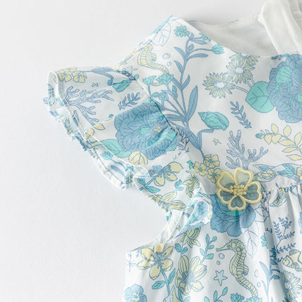 Girls Summer Cotton Blue Floral Print Sweet Dress