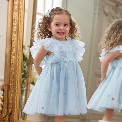 Girls Summer Blue Mesh Sleeveless Party Dress