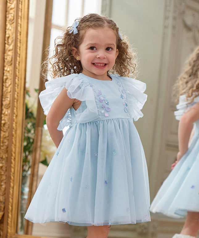 Girls Summer Blue Mesh Sleeveless Party Dress