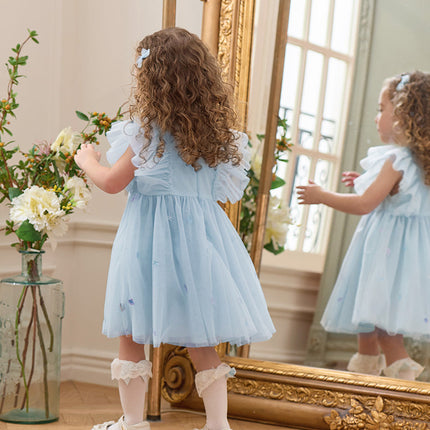 Girls Summer Blue Mesh Sleeveless Party Dress