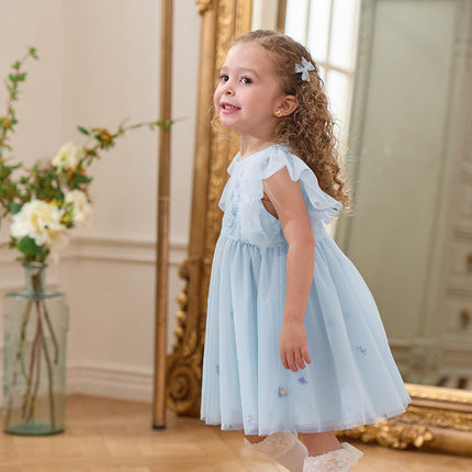 Girls Summer Blue Mesh Sleeveless Party Dress