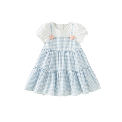 Girls Summer Cute Cotton Blue White Plaid Party Dress