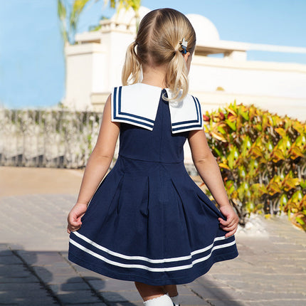 Girls Summer Navy Blue Formal Naval Collar Dress