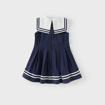 Girls Summer Navy Blue Formal Naval Collar Dress
