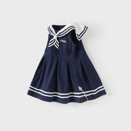 Girls Summer Navy Blue Formal Naval Collar Dress