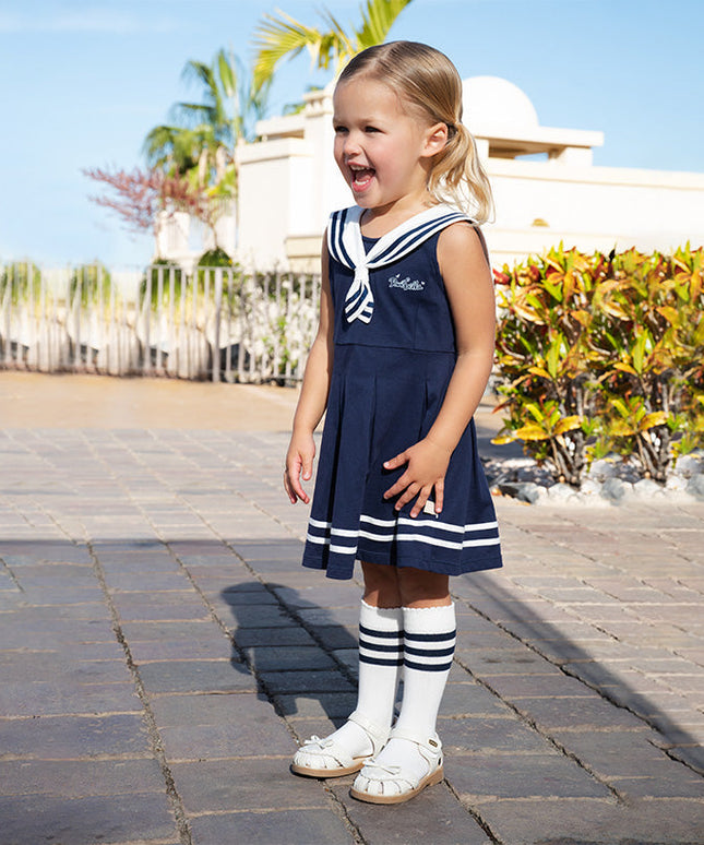 Girls Summer Navy Blue Formal Naval Collar Dress