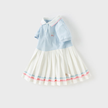 Girls Summer Formal Polo Collar Blue Dress