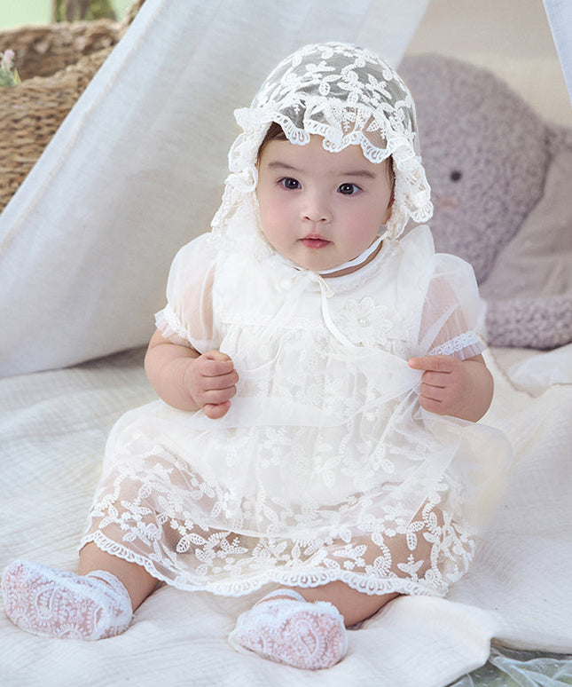Baby Girls Summer Beige Cotton Mesh Jumpsuit Romper