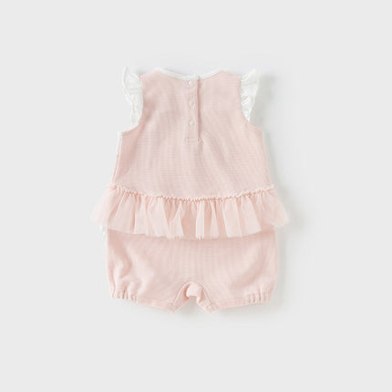 Baby Girls Summer Sweet Pink Flower Embroidery Soft Indoor Rompers