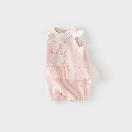 Baby Girls Summer Sweet Pink Flower Embroidery Soft Indoor Rompers