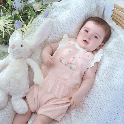 Baby Girls Summer Sweet Pink Flower Embroidery Soft Indoor Rompers