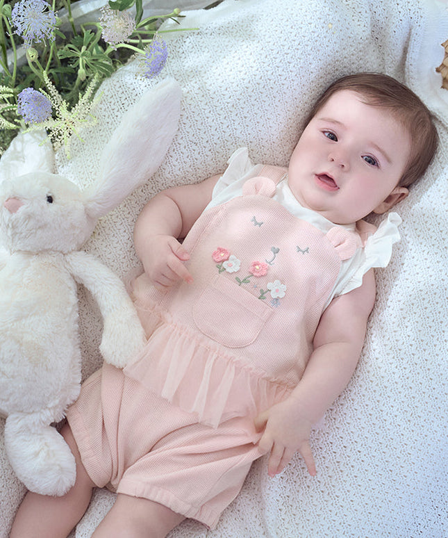 Baby Girls Summer Sweet Pink Flower Embroidery Soft Indoor Rompers