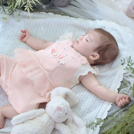 Baby Girls Summer Sweet Pink Flower Embroidery Soft Indoor Rompers