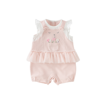 Baby Girls Summer Sweet Pink Flower Embroidery Soft Indoor Rompers