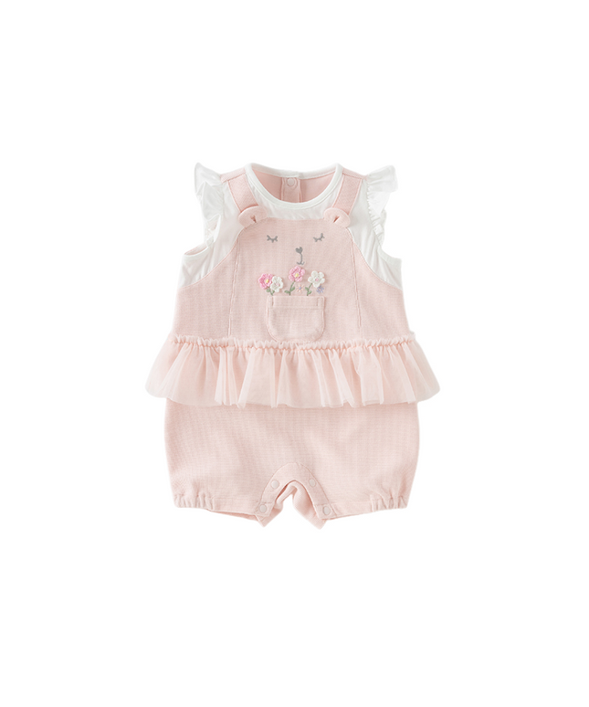Baby Girls Summer Sweet Pink Flower Embroidery Soft Indoor Rompers