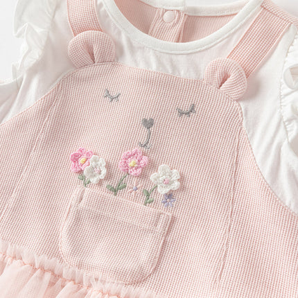 Baby Girls Summer Sweet Pink Flower Embroidery Soft Indoor Rompers