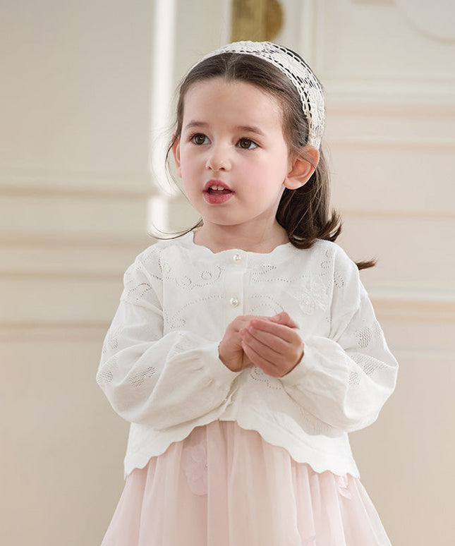 Kids Girls Pearl White Breathable Cotton Long Sleeve Cardigans