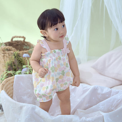 Baby Girls Summer Floral Print  Indoor Sleeveless Spaghetti-strap Rompers