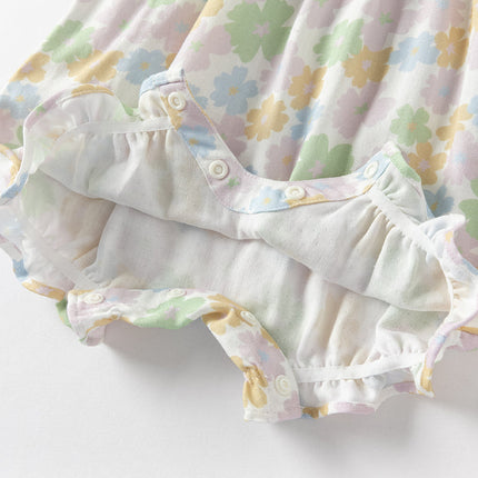 Baby Girls Summer Floral Print  Indoor Sleeveless Spaghetti-strap Rompers