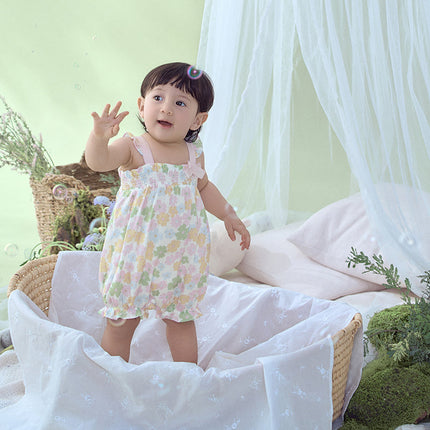 Baby Girls Summer Floral Print  Indoor Sleeveless Spaghetti-strap Rompers