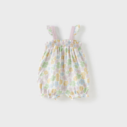 Baby Girls Summer Floral Print  Indoor Sleeveless Spaghetti-strap Rompers
