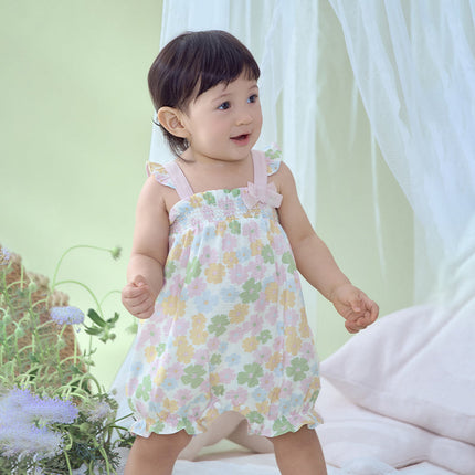 Baby Girls Summer Floral Print  Indoor Sleeveless Spaghetti-strap Rompers