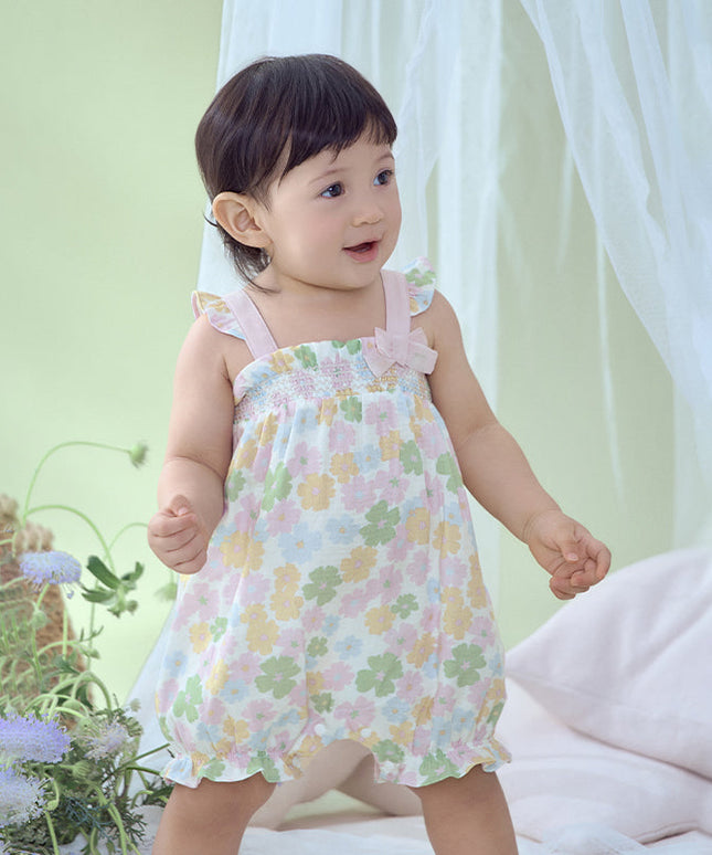 Baby Girls Summer Floral Print  Indoor Sleeveless Spaghetti-strap Rompers