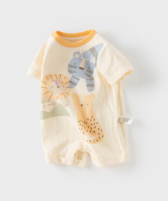Baby Boys Summer Playful Animal Print Yellow Indoor Soft Rompers
