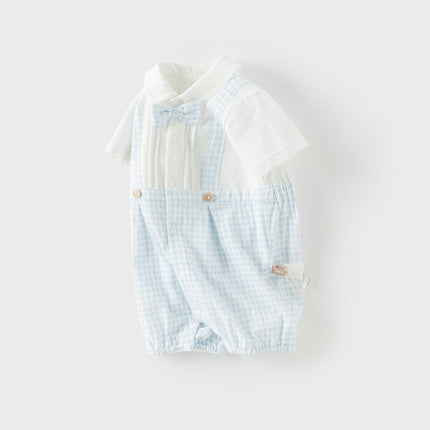 Baby Boys Summer Blue White Plaid Breathable Cotton Rompers