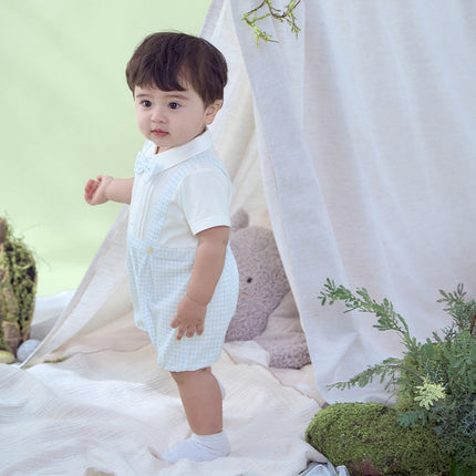 Baby Boys Summer Blue White Plaid Breathable Cotton Rompers