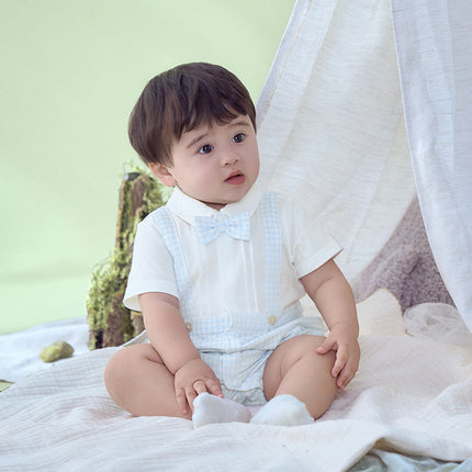 Baby Boys Summer Blue White Plaid Breathable Cotton Rompers