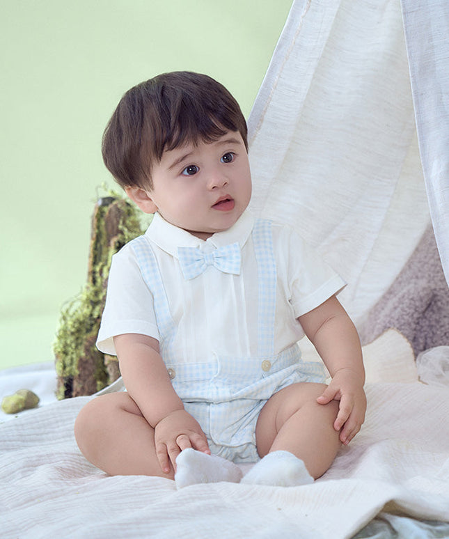 Baby Boys Summer Blue White Plaid Breathable Cotton Rompers