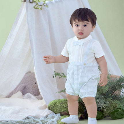 Baby Boys Summer Blue White Plaid Breathable Cotton Rompers