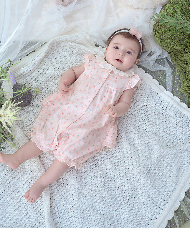 Baby Girls Summer Sweet Pink Floral Print Cotton Lightweight Rompers